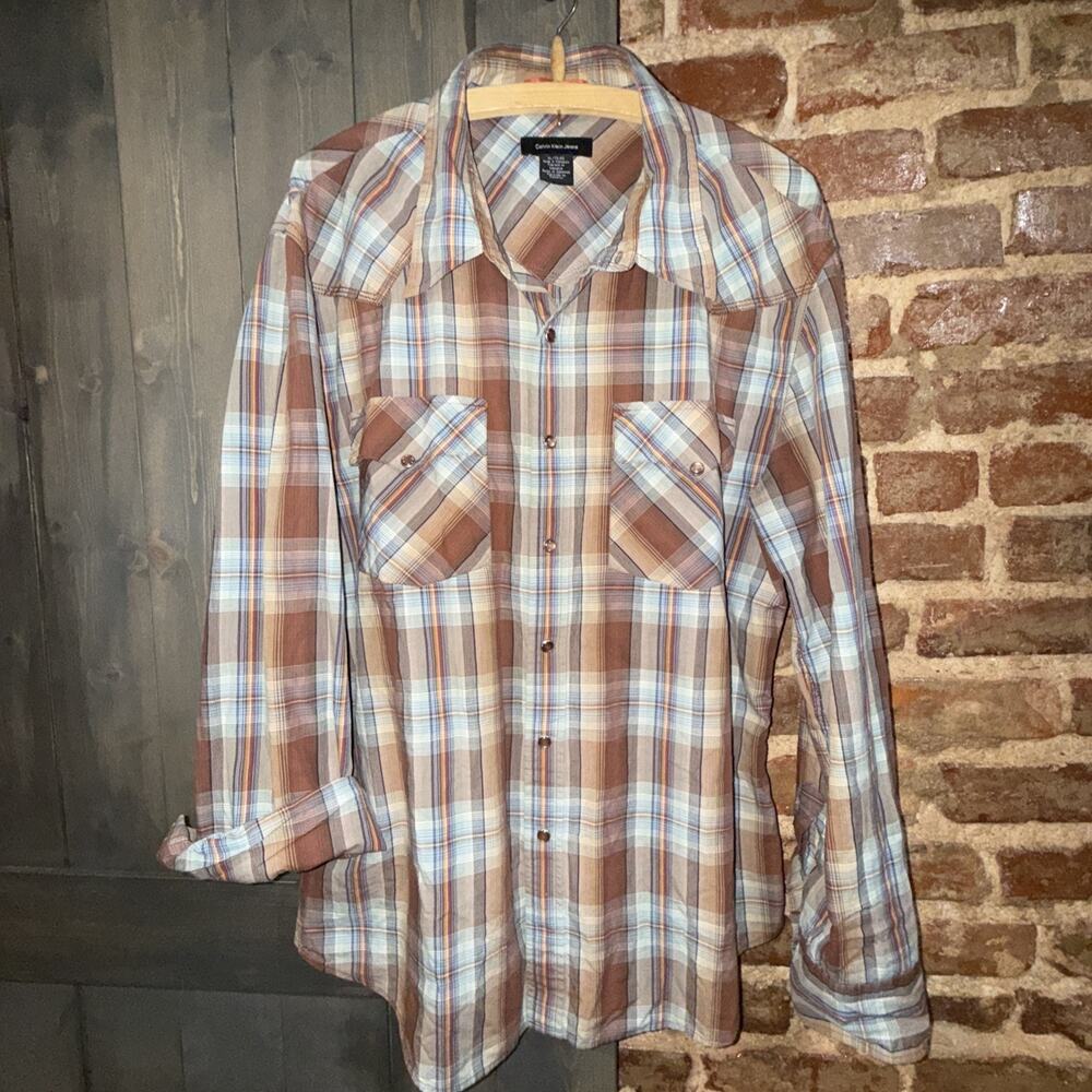 Calvin Klein Shirt Mens XL Brown Plaid Cowboy Rodeo Western Retro Y2K